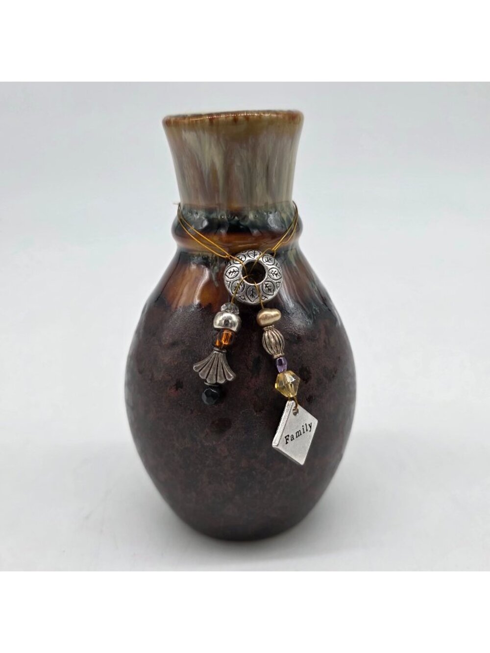 Decorative Meditation Beads Ceramic Vase Beaded Charms & "Family" Pendant